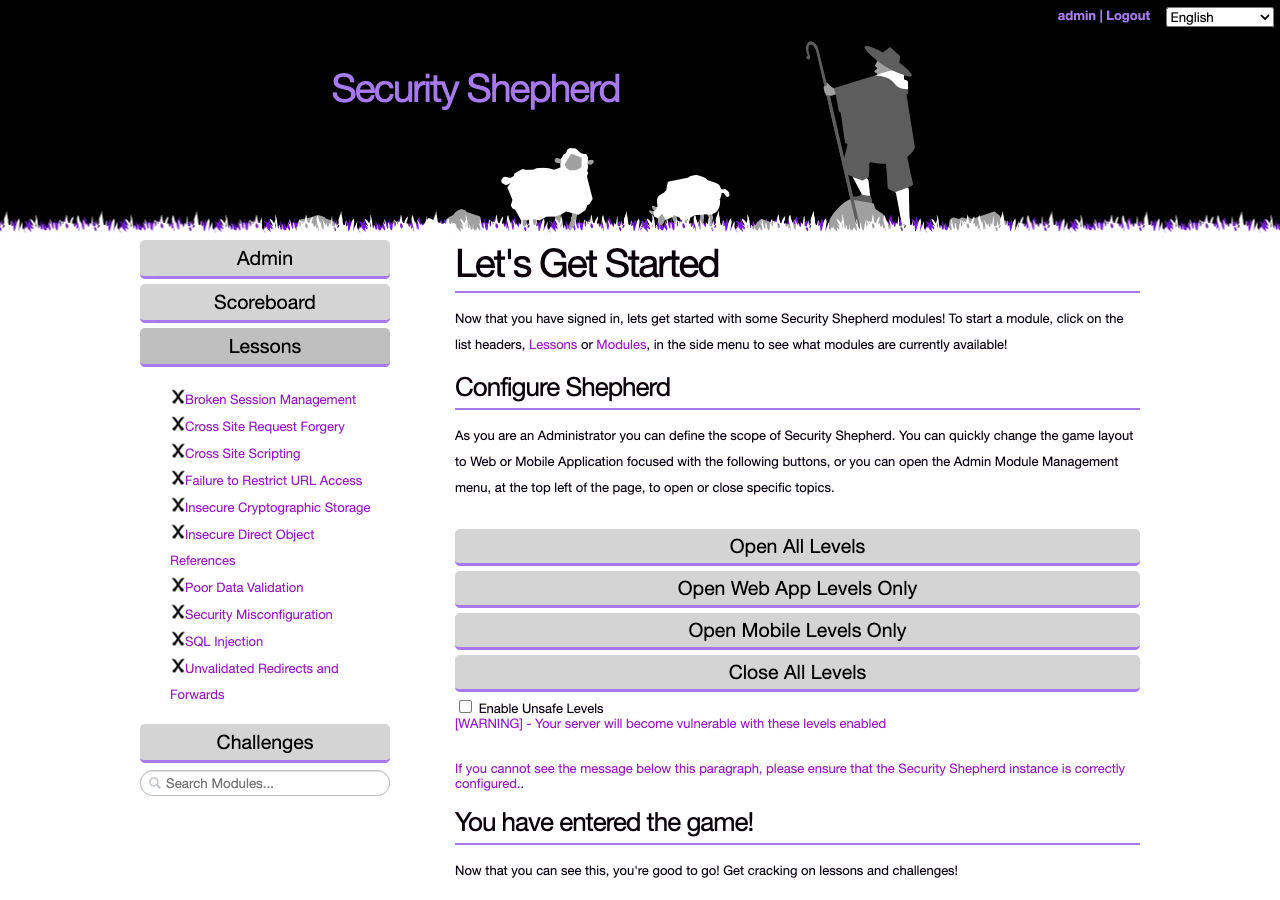 The Security Shepherd start page for an admin, with the Lessons menu and the Configure Shepherd buttons