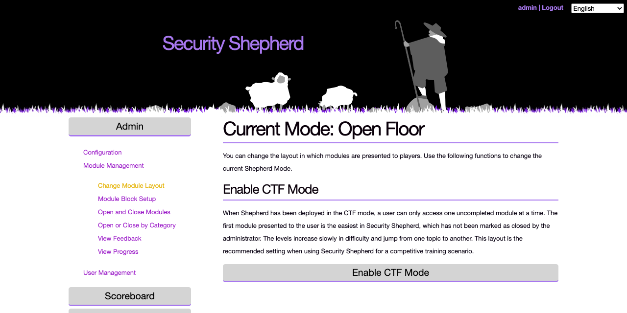The Change Module Layout admin page, showing the current mode and a button to switch to CTF Mode