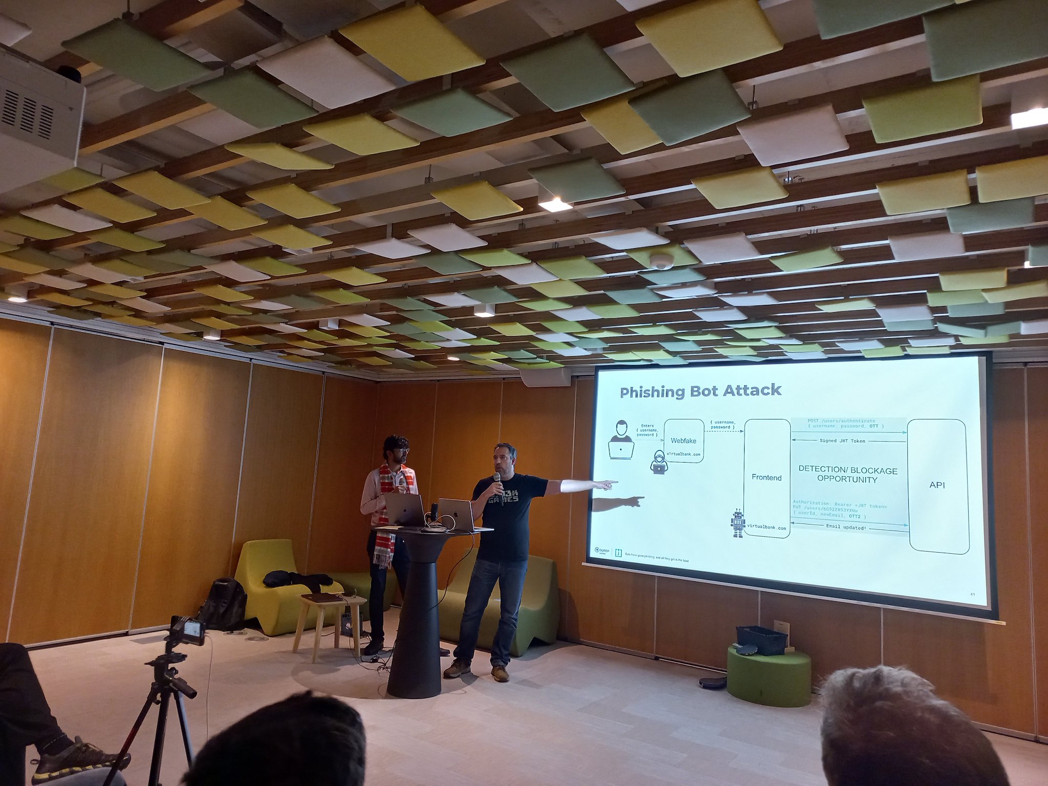 OWASP Lisboa #1 Pedro Fortuna and Jasvir Nagra presenting their talk 'Bots have gone phishing, but all they get is the boot' at the OWASP Lisboa meetup.