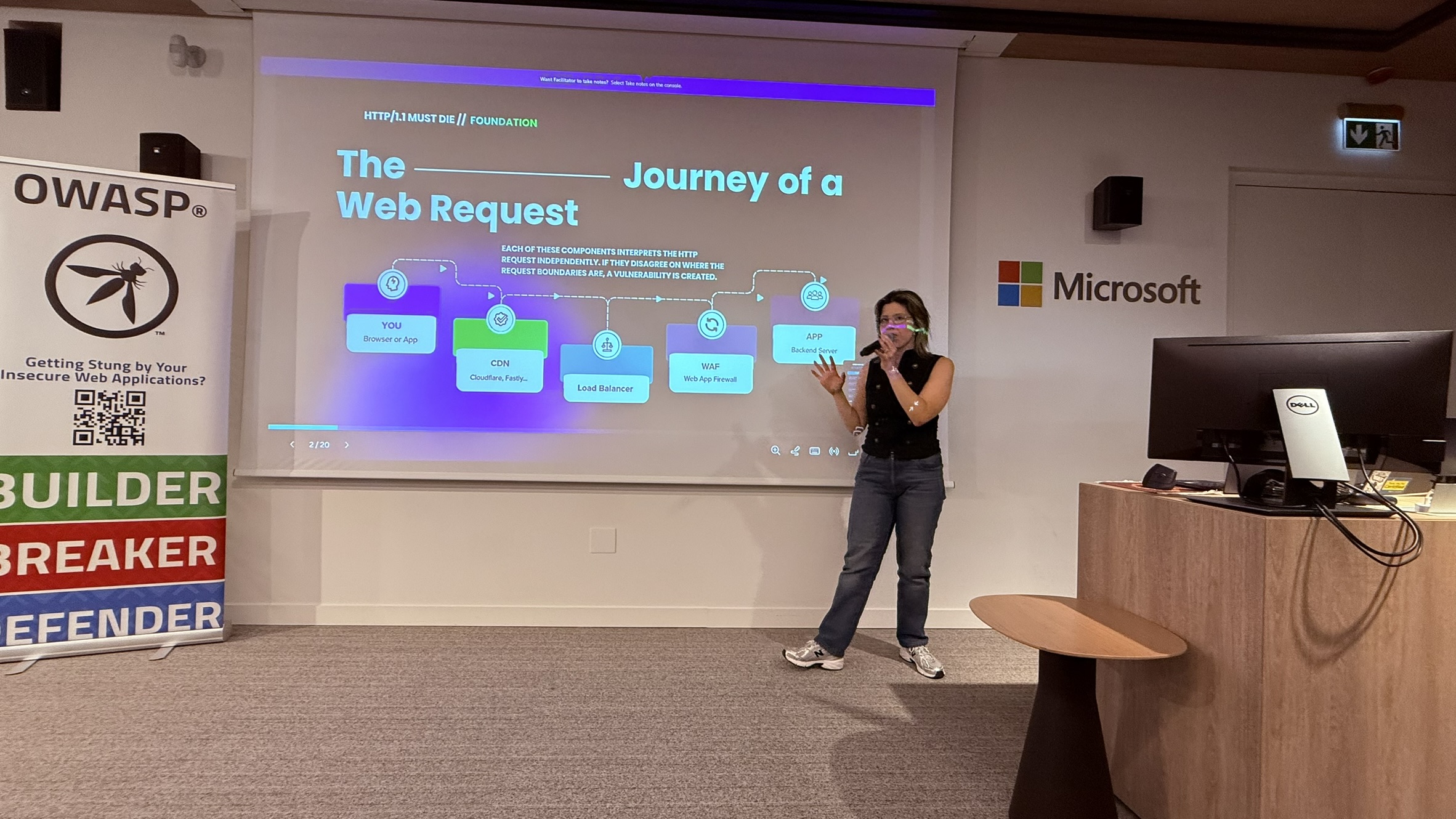 OWASP Lisboa #13 Presenter Marília Rocha on stage detailing "The Journey of a Web Request" components like CDN, Load Balancer, and WAF during her talk at the OWASP meetup.